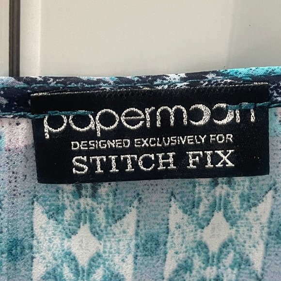 PAPERMOON Howell Tie Neck Blouse, Size Medium, Turquoise Ikat - Picture 9 of 10